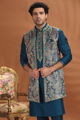 Teal Blue Pink Silk Mirror Embroidered Kurta Pajama with Paisley Print Jacket